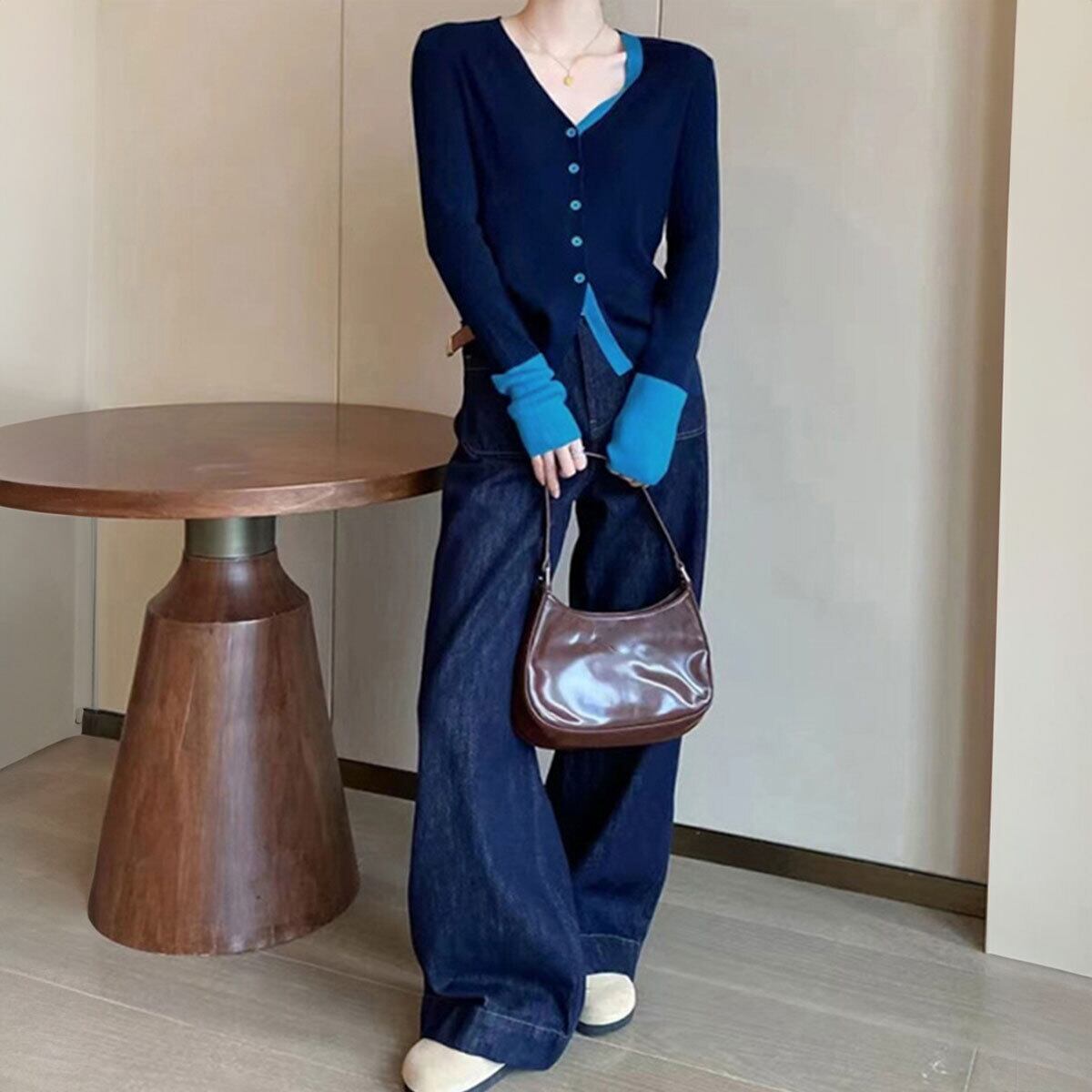 ニットカーディガン バイカラー 長袖 レディース 秋冬 韓国 レイヤード おしゃれ 大人 かわいい きれいめ 羽織り 重ね着 リブニット カジュアル 大人可愛い 大人女子