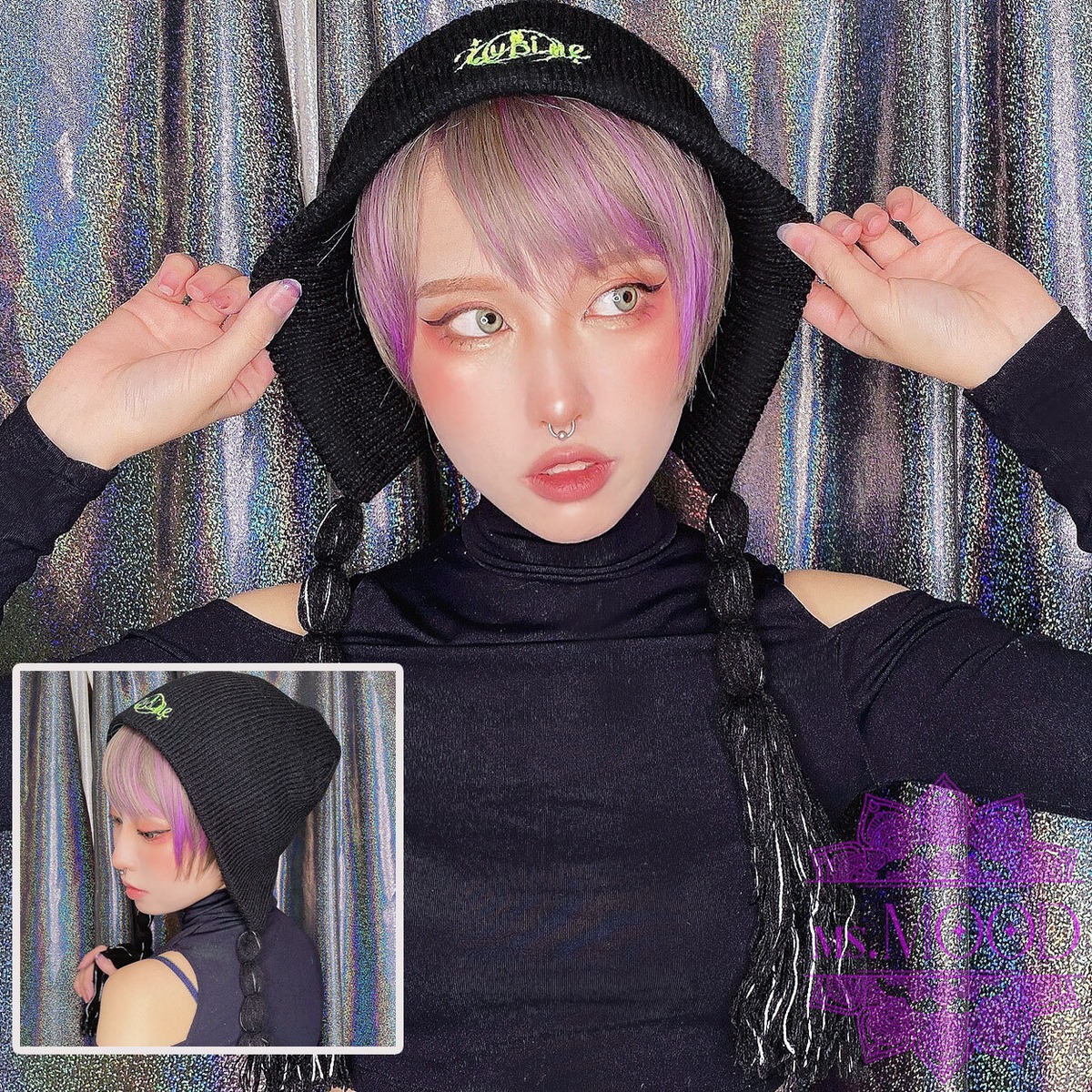 三つ編みニットキャップ ブラック | ウィッグショップ MS.MOOD