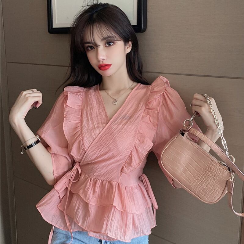 ショートシフォンシャツ レディースVネックレーストップス ハンチェンe92662281066