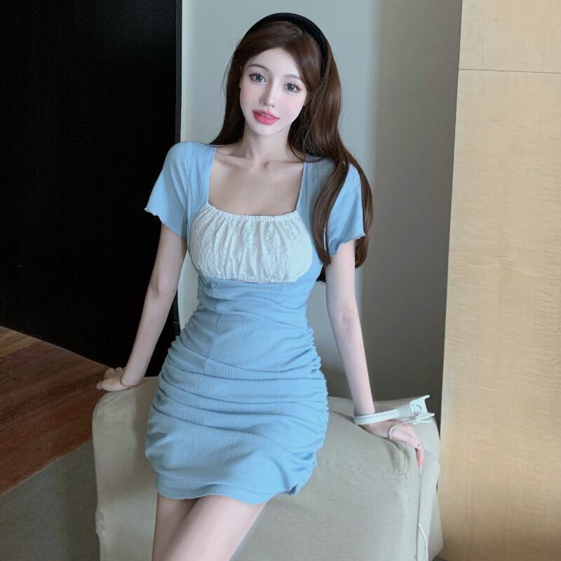 プリーツドレス レディースショートウェスト薄手スカート 半袖 ハーフスリーブ 大人ガーリー スウィート キュート カジュアル スクウェア ハンチェンe29076177085