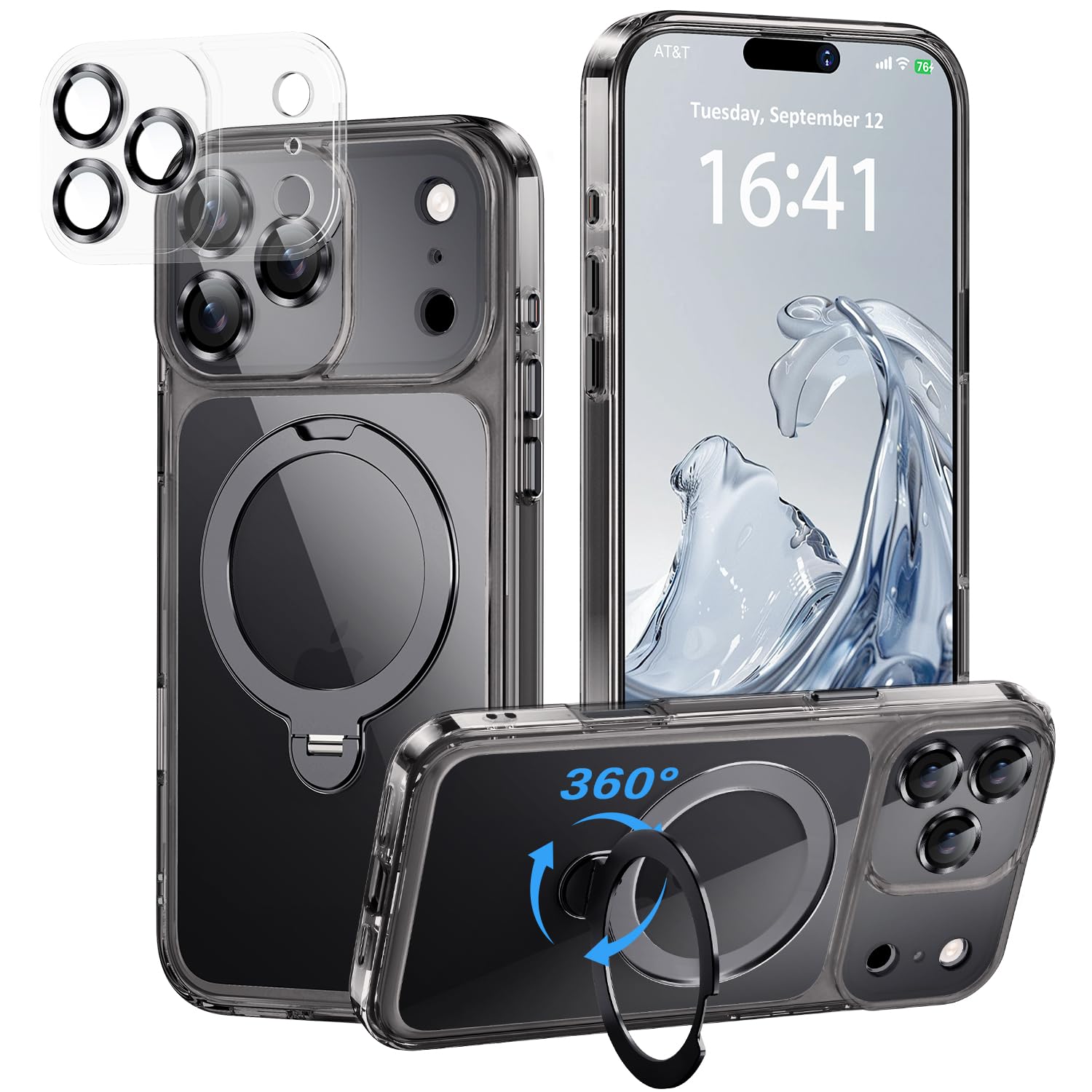 iPhone18 Pro 用 ケース【極限の透明感と保護力】4in1 カメラ保護一体/MagSafe対応/360度回転スタンド/ストラップホール穴付き