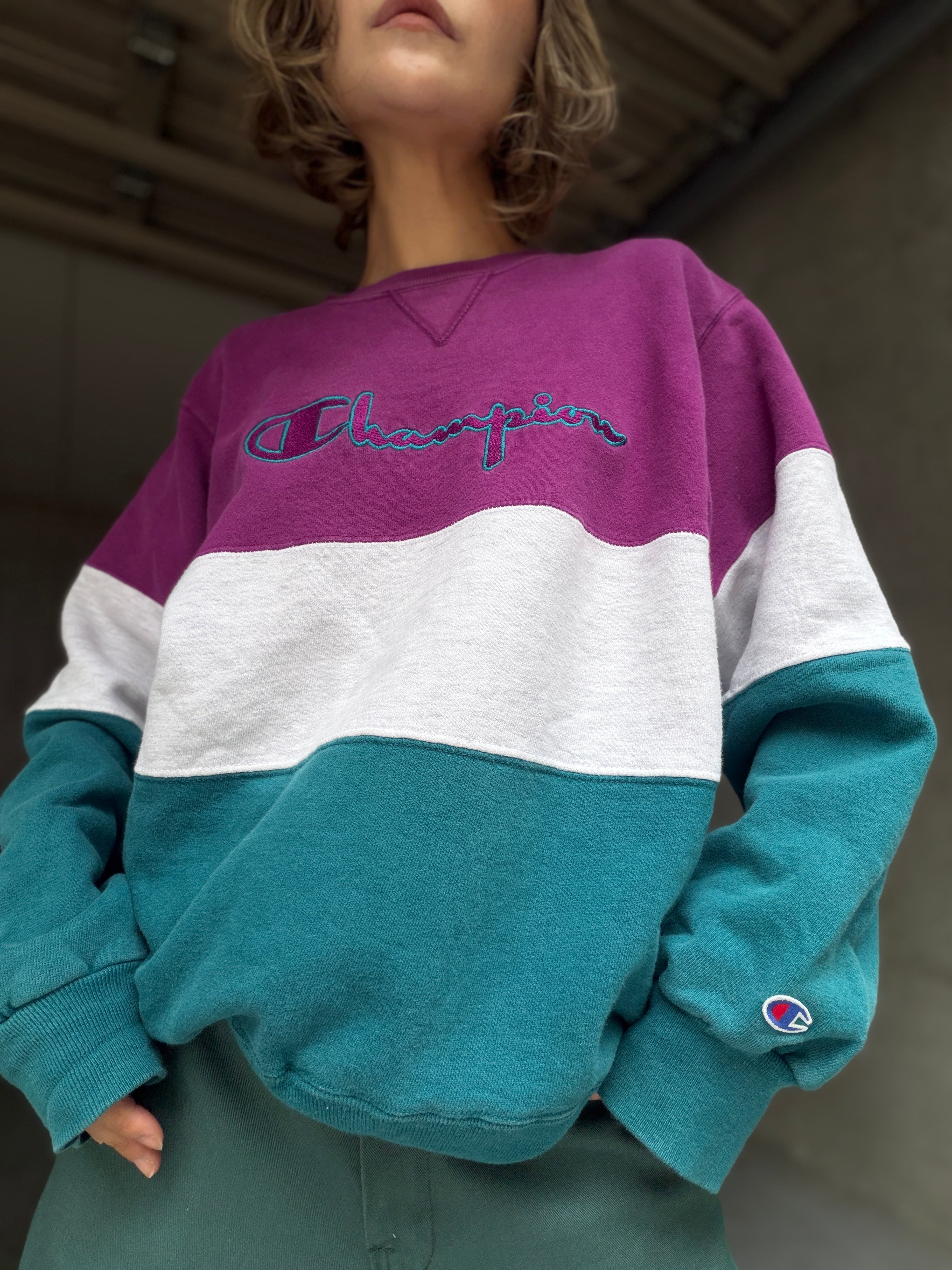 (CS2528)90's Champion color block sweat made in USA