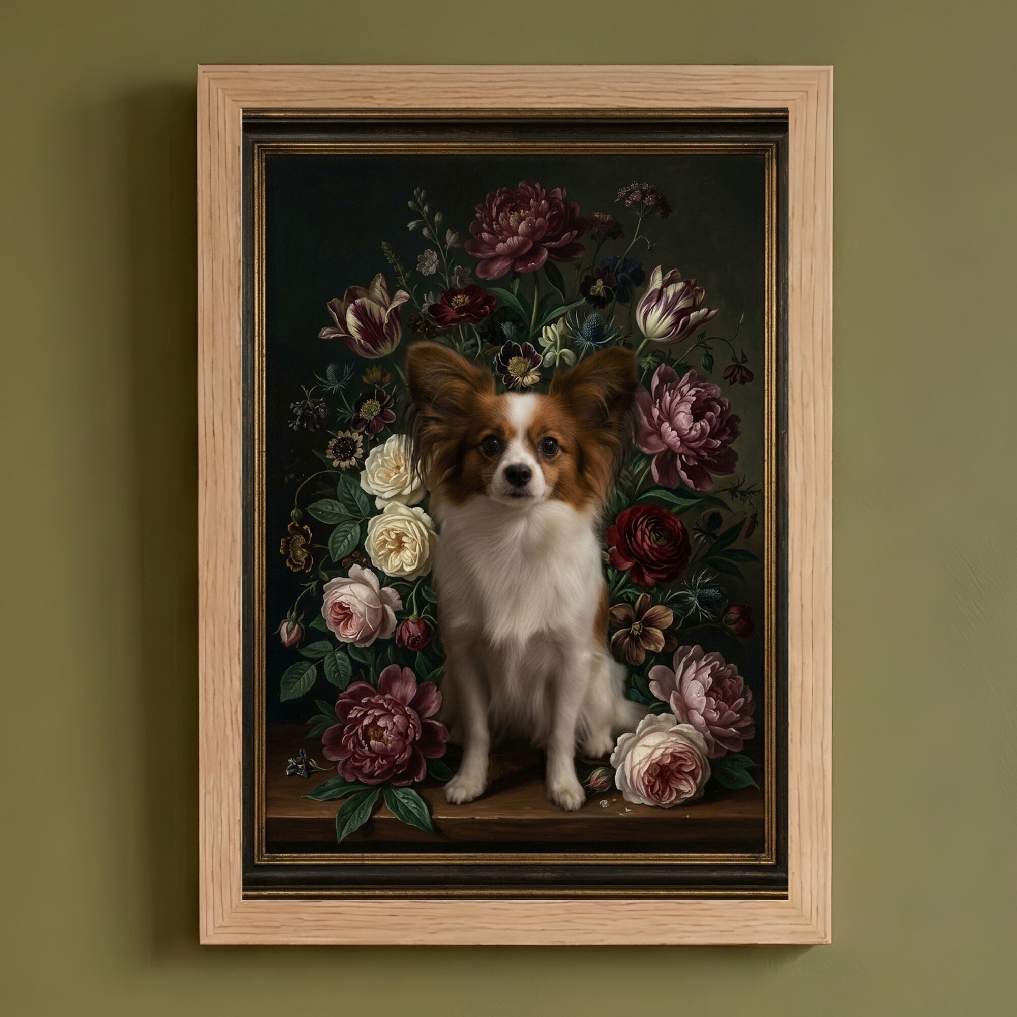 犬（パピヨン）の花に囲まれた油絵風アート A4額装インテリア壁掛け