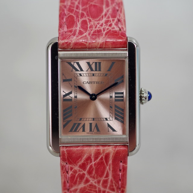 Cartier カルティエ タンクソロ SS クォーツ 革ベルト Dバックル ピンク文字盤 腕時計 レディース 1592