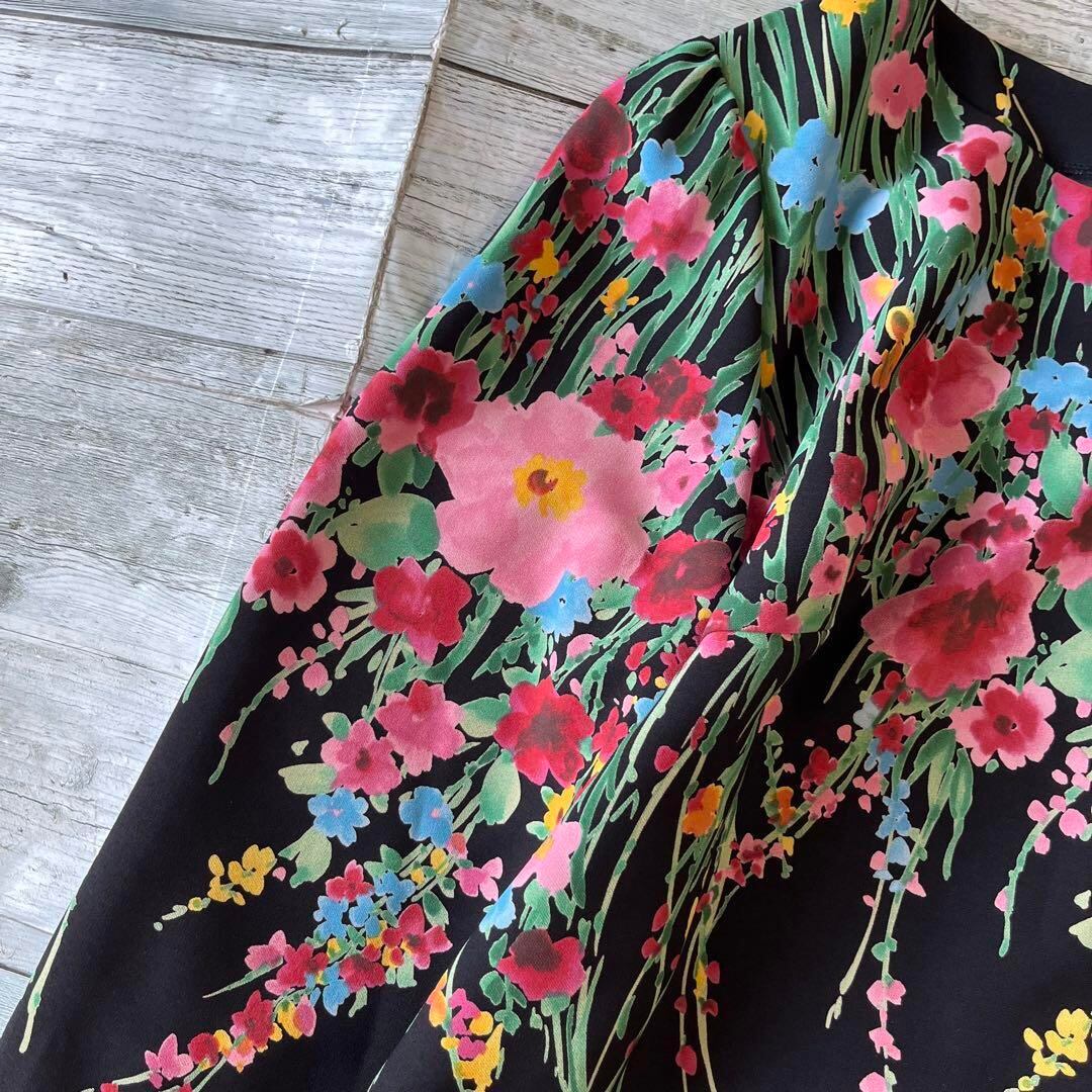 Rose Tiaraローズティアラ花柄七分袖ワンピースブラック46サイズg1