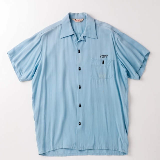 【極美品】60s special Vintage rayon bowling shirt open collar shirt  big size S/S mint condition made in USA ／ 60年代 スペシャル ヴィンテージ ボーリングシャツ レーヨン オープンカラー シャツ  ビッグサイズ サイズ15H 実寸L  サマーシャツ アロハシャツ ブルー バックプリント アメリカ製