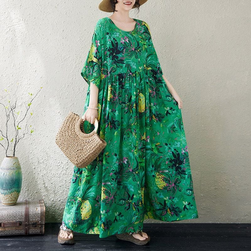 PRINT ROUND NECK HALF SLEEVE LOOSE MAXI DRESS M-18092