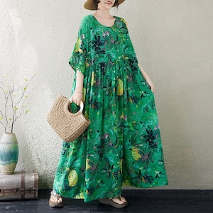 PRINT ROUND NECK HALF SLEEVE LOOSE MAXI DRESS M-18092