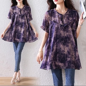 【新品】大きいサイズ夏服ゆったり半袖 花柄シフォンブラウス