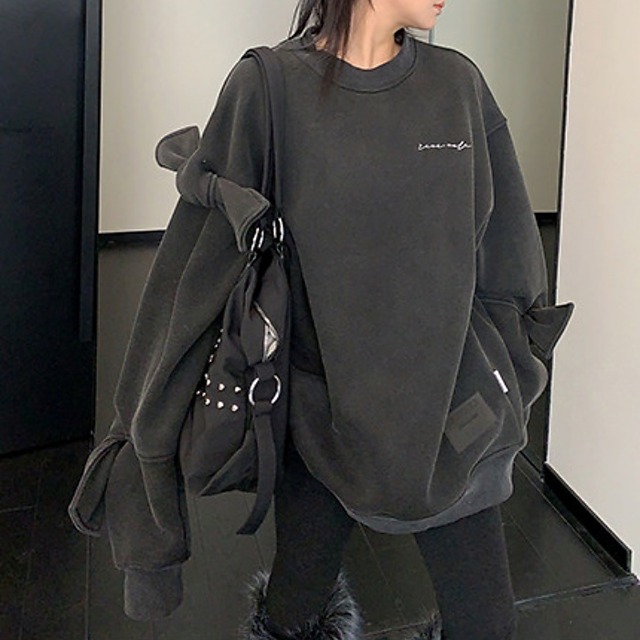 リボンデザインルーズスウェットプルオーバー［M-XXL］