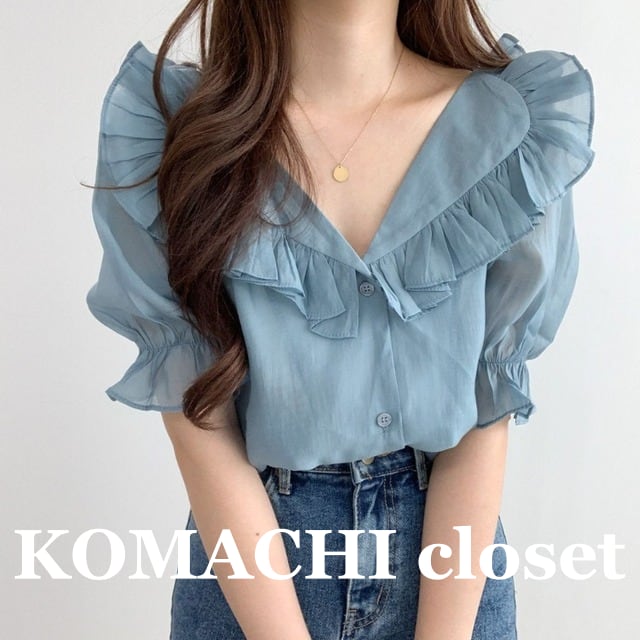 【送料無料】 フリルシフォンカットソー カットソー 半袖 パフスリーブ Vネック フリル シフォン シースルー 透け感 ボタン ルーズ 韓国 レディース かわいい 可愛い 大人可愛い 大人女子 きれいめ カジュアル シンプル 大人 気品 上品 おしゃれ お洒落 こなれ感 きちんと 大人女子 レトロ エレガント クール フェミニン S M L XL 2XL ブルー ホワイト 夏 オルチャン 20代 30代 40代 OL 通勤 女子会 デート お泊まり 普段使い コーデ トレンド