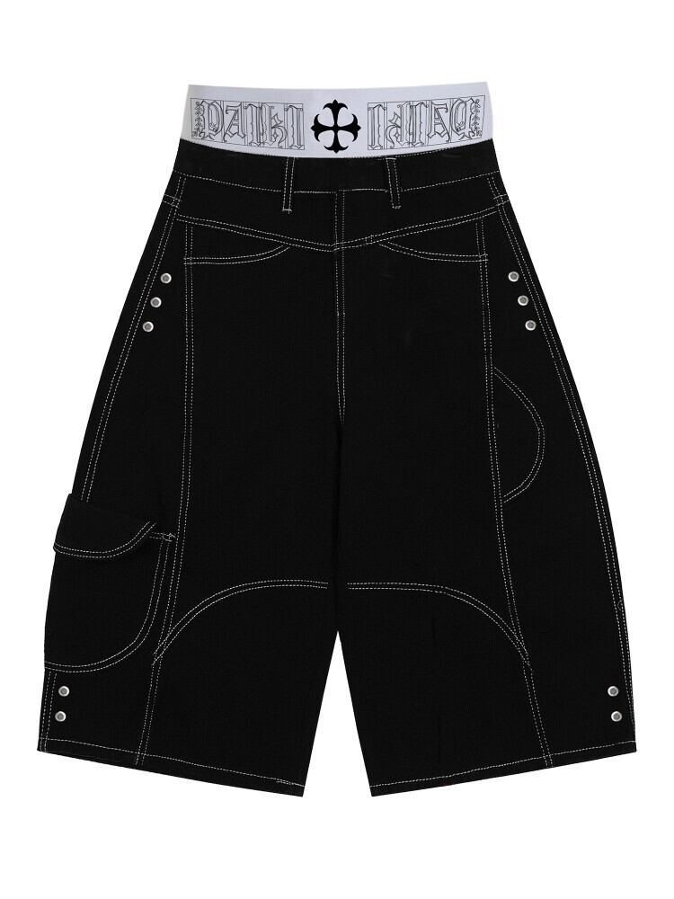【CODONA SELECT】レイヤード風ウエスト × コントラストステッチ ワイドデニムバギーショーツ