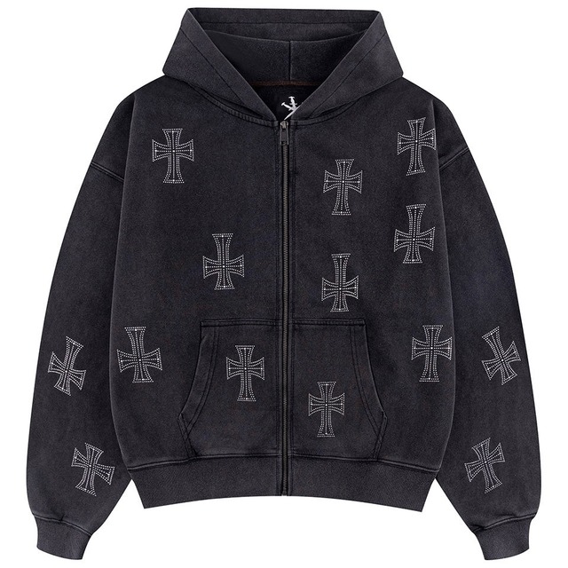 【UNKNOWN LONDON】Outline Cross Rhinestone Zip Hoodie【アンノウンロンドン】