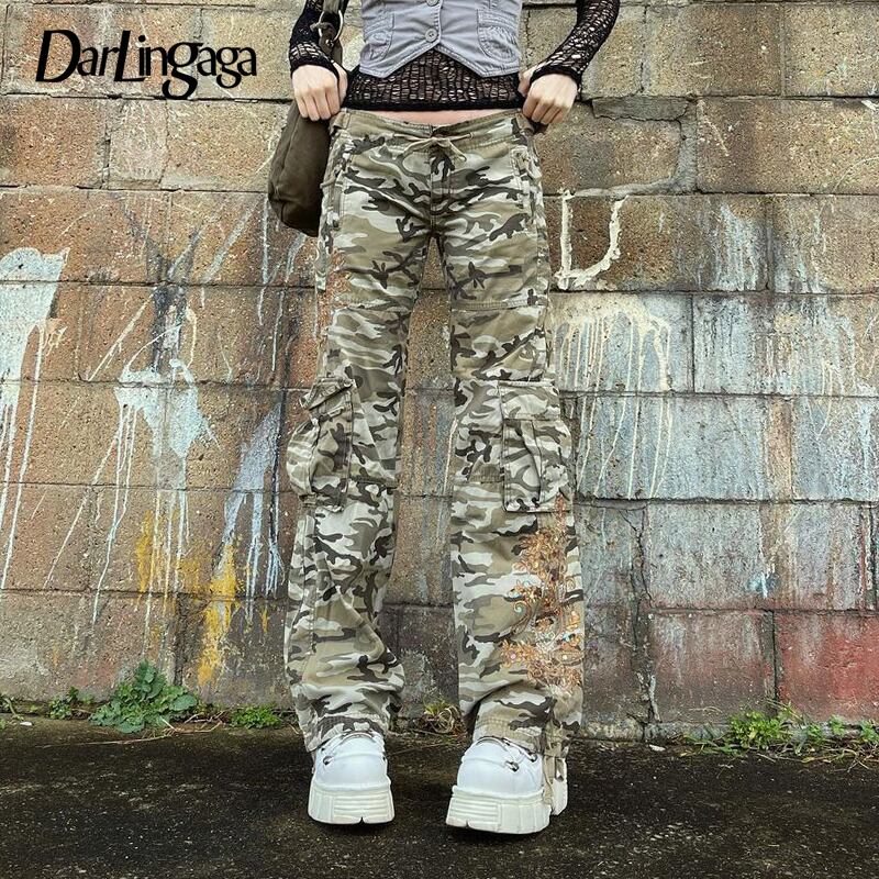 送料無料 Darlingaga Vintage Y2K Fairycore Embroidery Camouflage Cargo Pants  Denim Low Rise Jeans Streetwear Pockets Camo Trousers Clothes ストリート 刺繍  ビンテージ ...