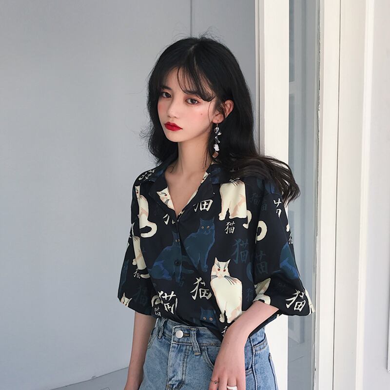 サマールーズスタンダードプリント薄手 レトロ ブラウス 夏物 スーパーモール53679538234