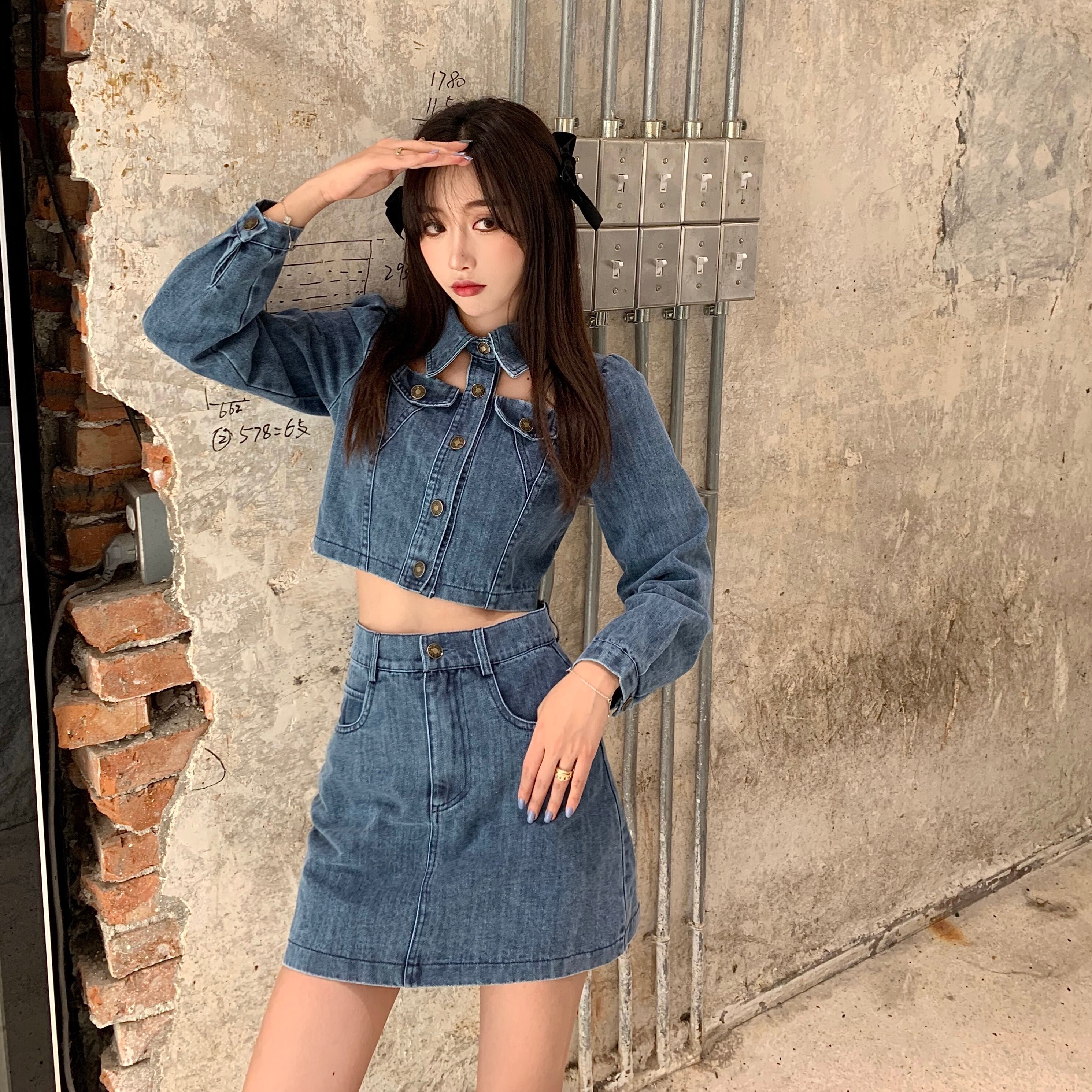 ファッションスーツの女性2020年秋新しいレトロシックなデニムツーピースショートジャケットバッグヒップスカート ドラファッションホール25762823720