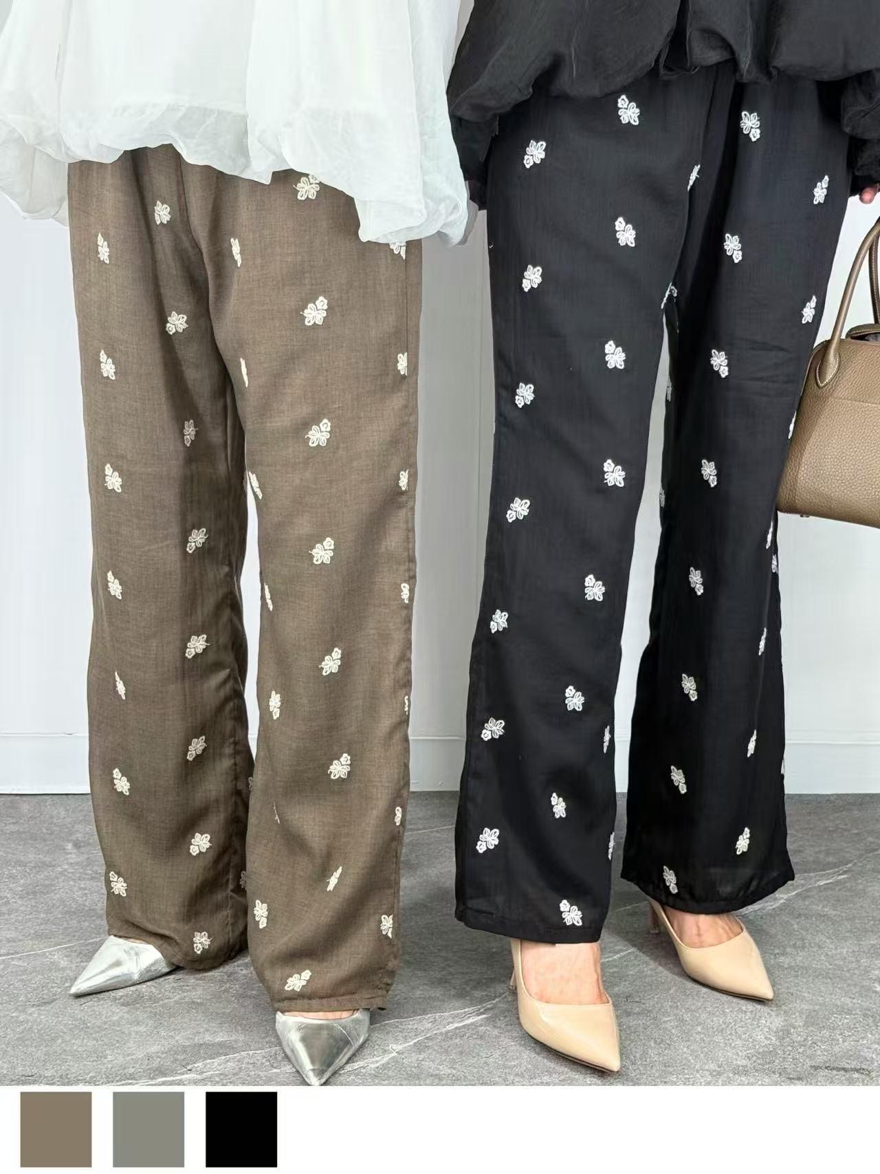 3colorsフラワーパターンワイドパンツ
