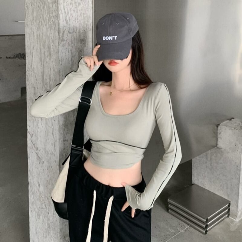 オータムスタイルシャツ スリムロングクロップドショートTシャツ トップス 長袖 秋物 ハンチェンe13693856908