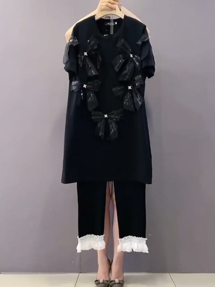 スプリングサマーラウンドネックリボンTシャツ カジュアルレース 大きめサイズ 春物 夏物 Oネック ステッチ ミックスインファッション51313197041