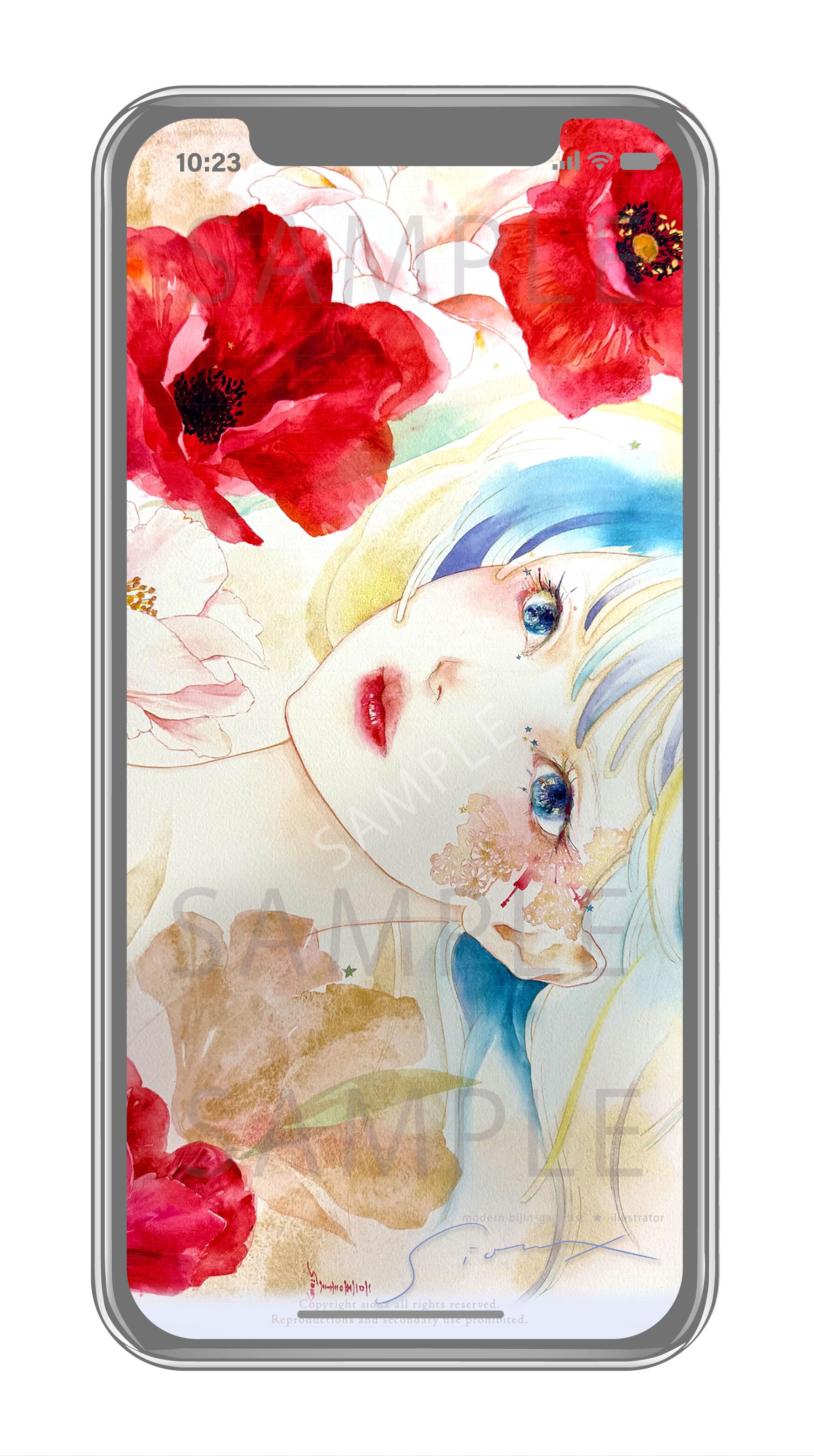 スマホ用壁紙・digital] sioux水彩美人画 ✳︎ [風]凜とした赤い花と