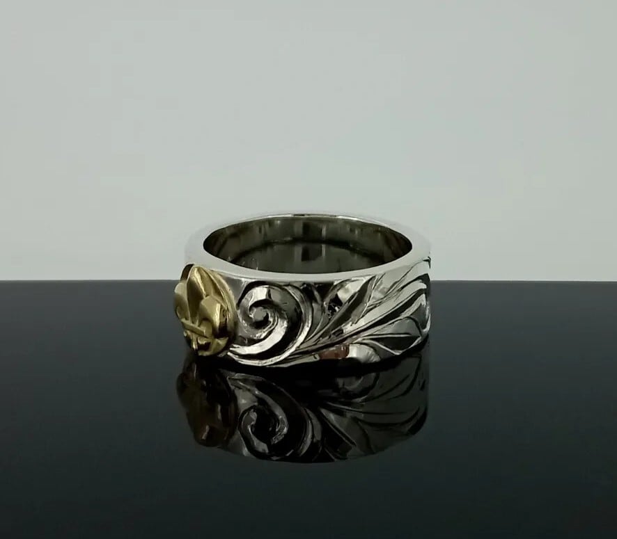 coco様 【2mm／12号／S925 18YG加工】 K18付ユリリング※受注生産（トロピカルデザインシルバー） | ココナッツ