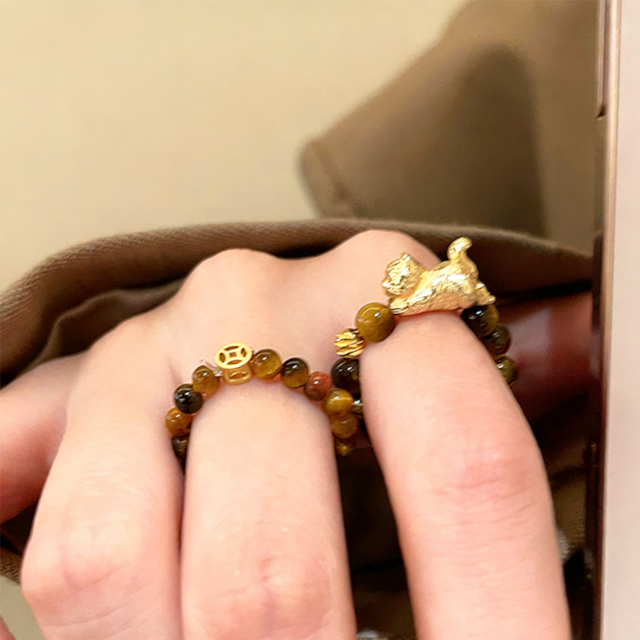 ZJレトロ虎目石ねこリング 2点セット