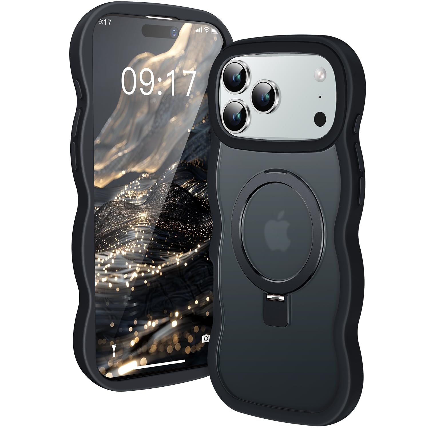 波型 ケース 用のiPhone18 Pro/17Pro 可愛い半透明マット MagSafe対応スタンド ストラップホール付き ブラック