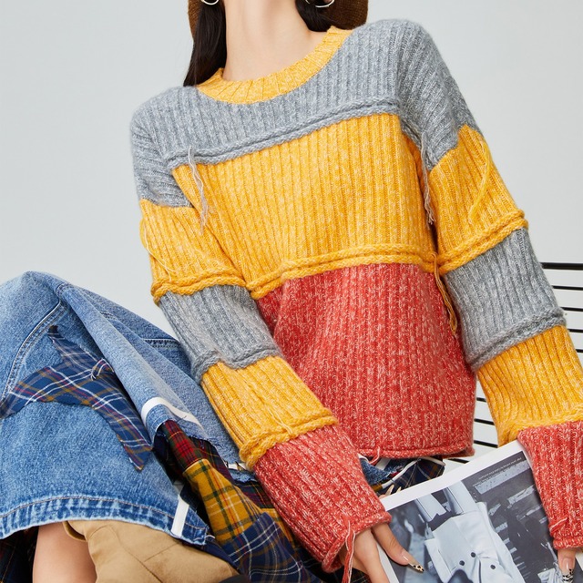 カラーブロックボーダー ニットセーター H0019