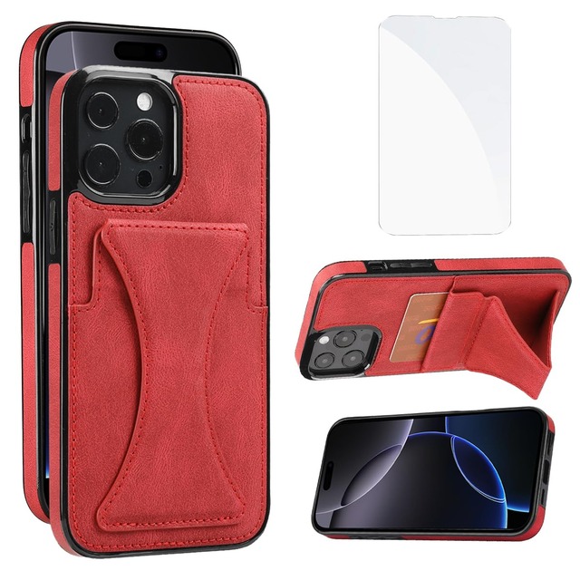 JSCOMYAP iPhone 16 pro ケース用 いphone16pro ケース + iphone16pro 强化 ガラス フィルム PUレザーカード収納横置きスタンド機能付き 携帯ケース 人気 衝撃吸収 スマホケース Case Cover アイフォン16pro 16pro アイフォン16プロ iphone16プロ いpほね16プロ 背面 カバー レディース 6.3インチ(レッド)