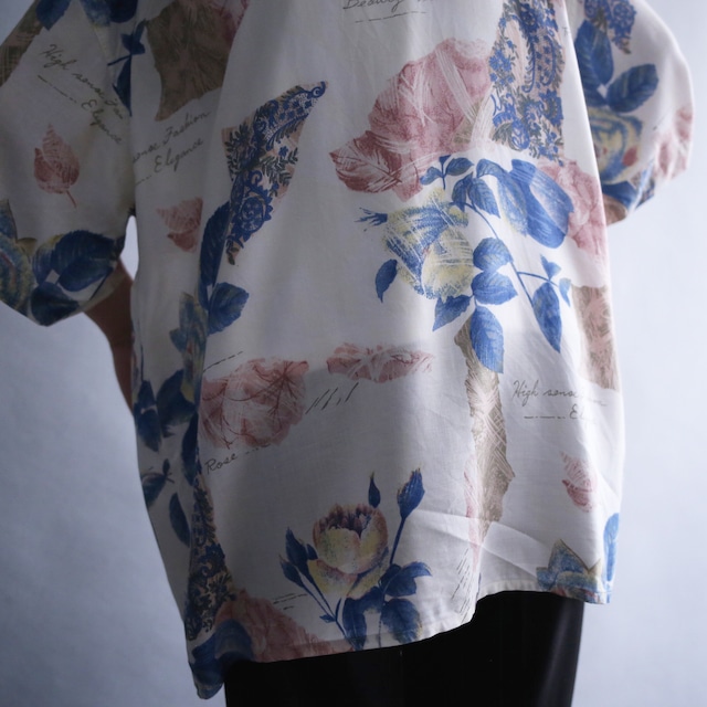 "pink×blue" beautiful color flower and reef pattern loose h/s shirt