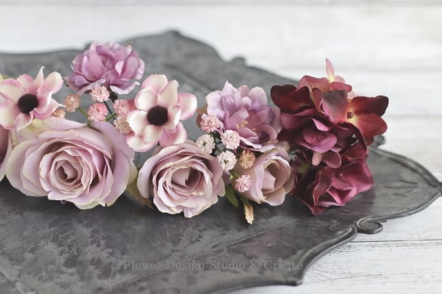 アンティークピンクの薔薇とコスモスのヘッドドレス 紫陽花 コスモス
