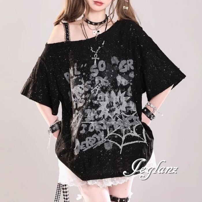 2色 ダメージ ワンショル Tシャツ ロンT レース サイドギャザー (MC548)γα