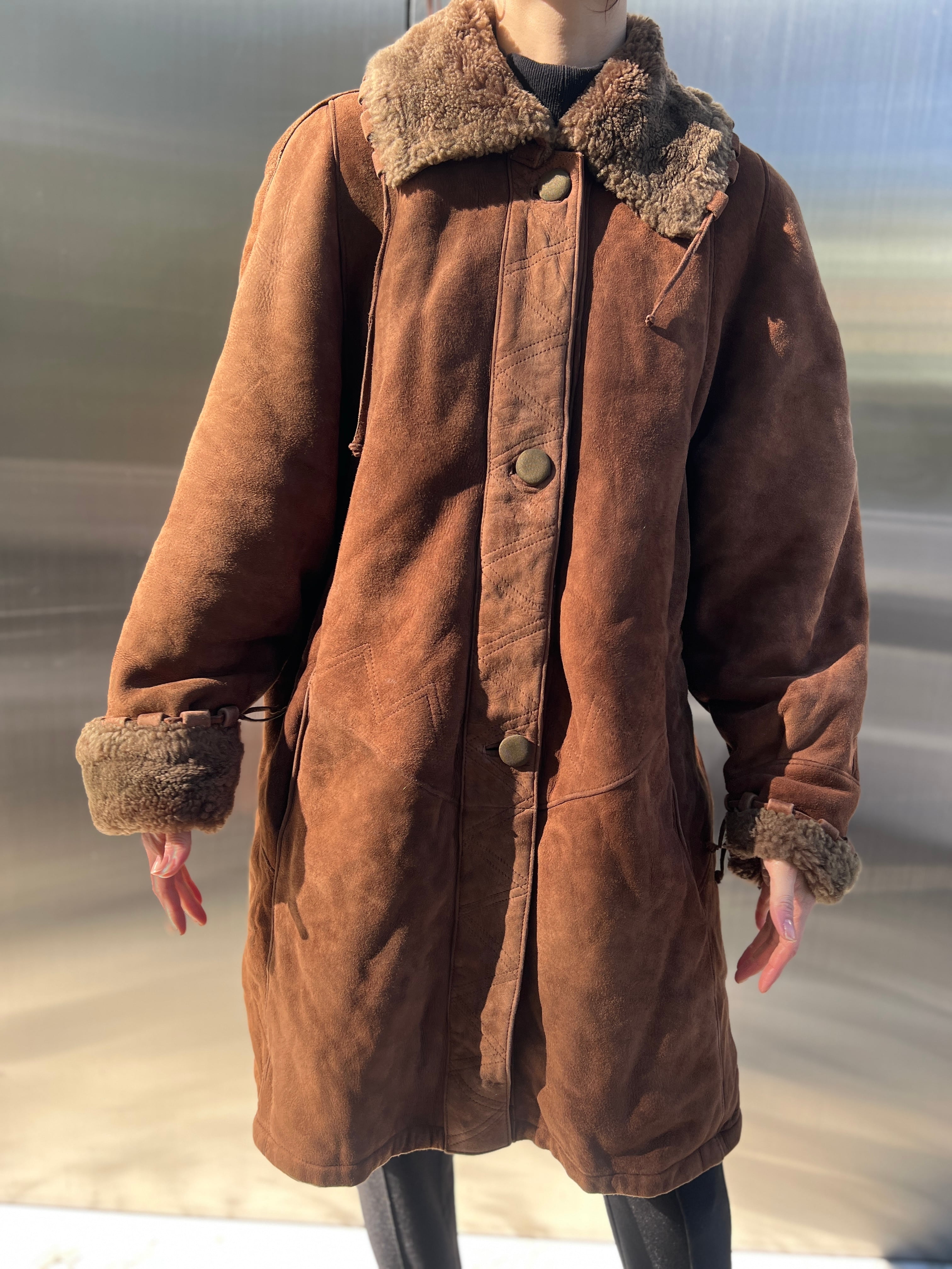 Vintage chocolate brown × ash khaki mouton coat ( ヴィンテージ チョコレート ブラウン × アッシュカーキ ムートン コート )