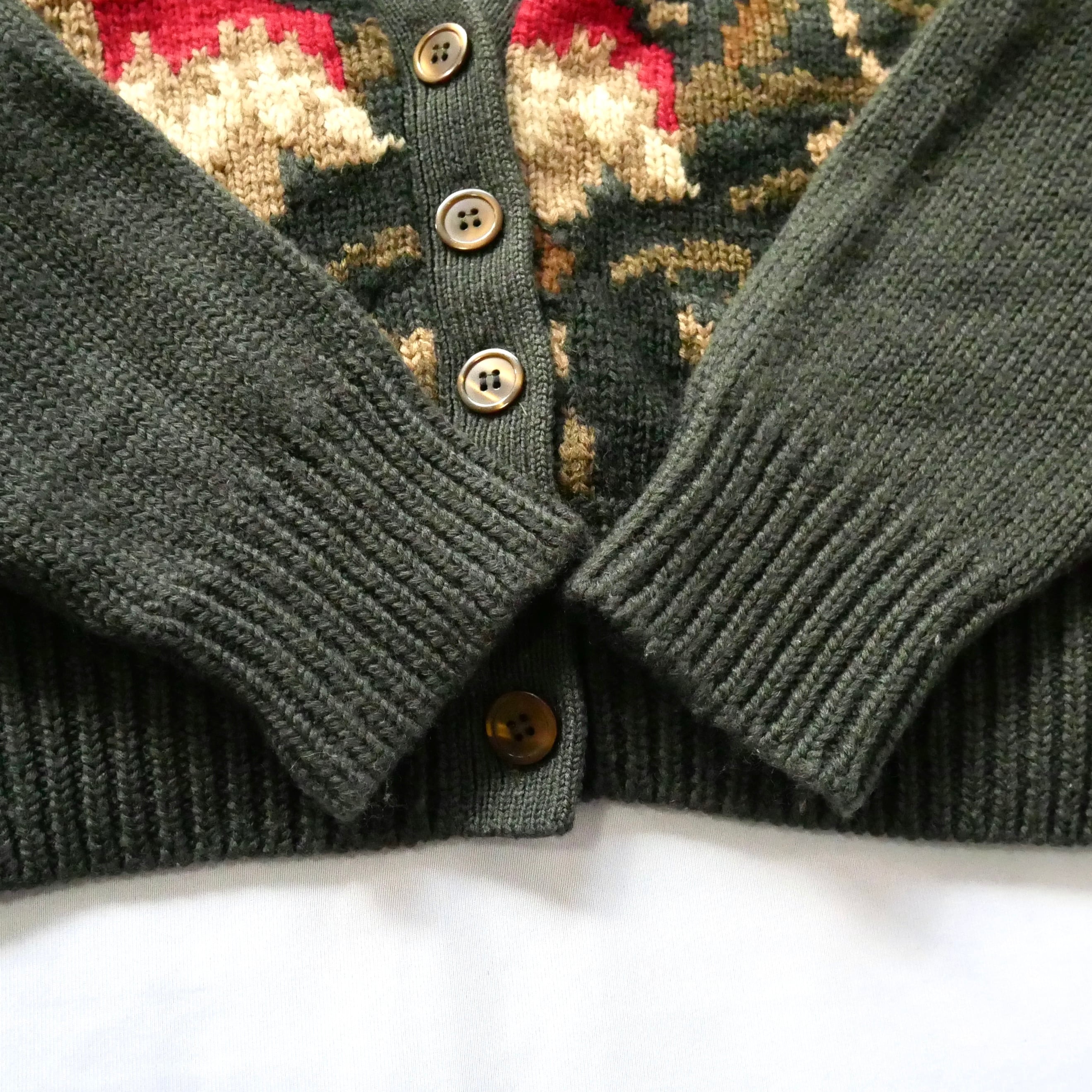 80s vintage darkgreen floral jacquard knit cardigan 80年代