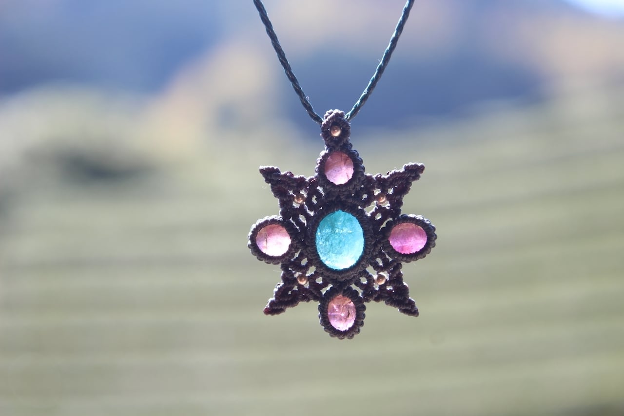 Blue Apatite & Pink Tourmaline micro macrame mandala pendant