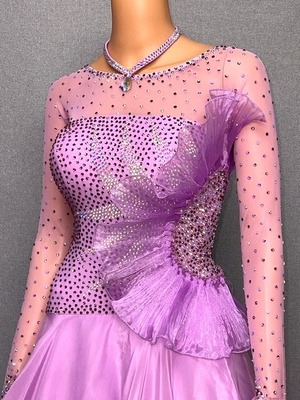 【新着】社交ダンス ドレス　スタンダード　モダンドレス　ラベンダー（フリル）　M　ST-24-2　デモ・競技用ドレス　発表会衣装　パーティドレス　ワンピース　舞台衣装