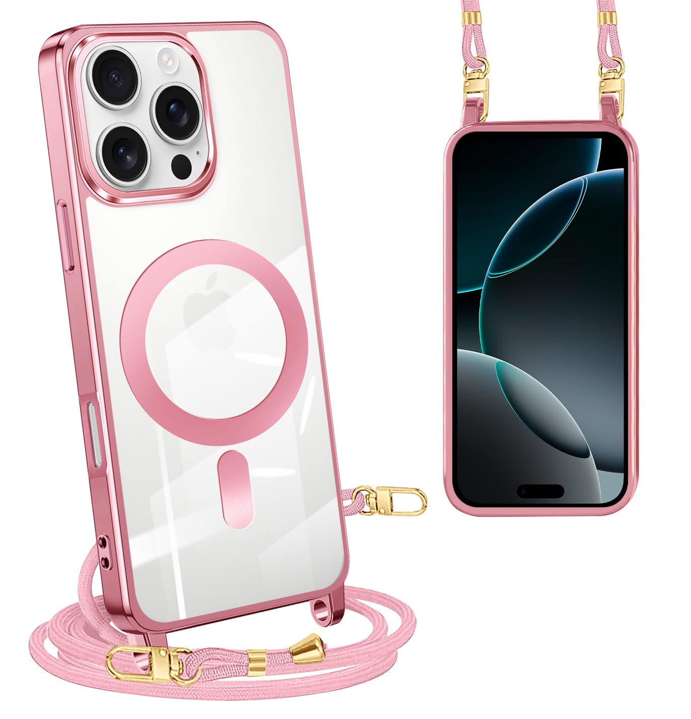 yingyuantuo iPhone 15 Pro 用 ケース クリア ローズゴールド ショルダー TPU MagSafe対応