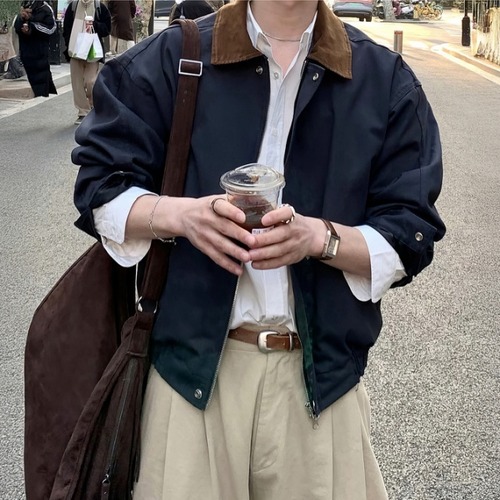 【予約販売】 ブルゾン 長袖 襟 アウター ショート丈 メンズ  ネイビー 無地 お洒落 こなれ感 韓国 ベーシック 秋 冬 M/L/XL