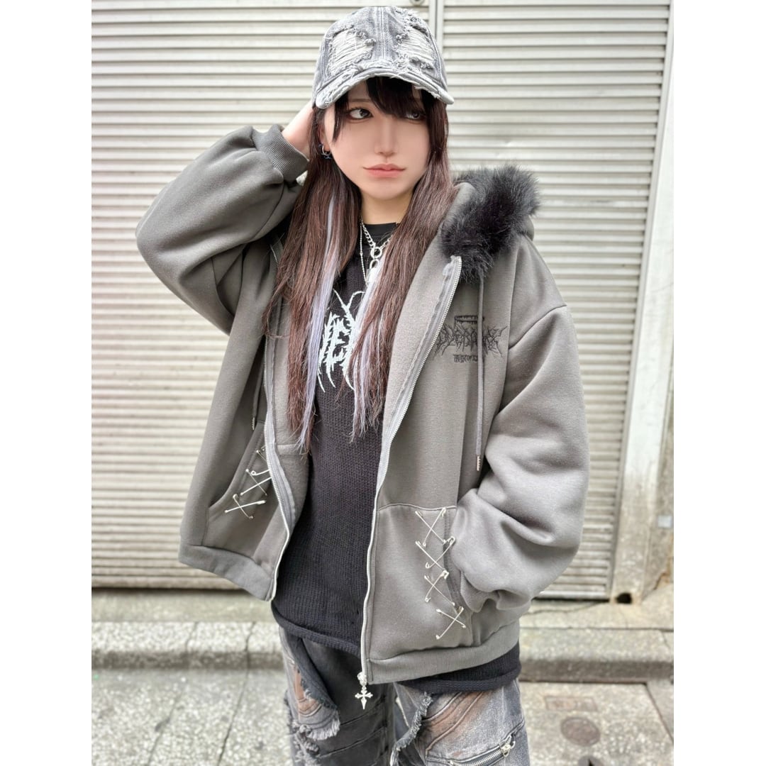 12/19新着】サブカル刺繍☆フードファーZIPパーカー(裏起毛