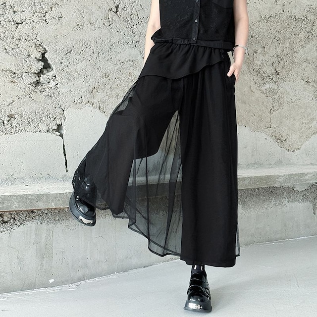 MESH LAYERED FLAP WIDE LEG CROPPED PANTS 3colors M-13625