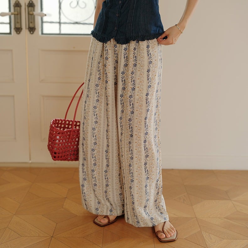 花柄ストライプ ワイドレッグ フルレングスパンツ 00435