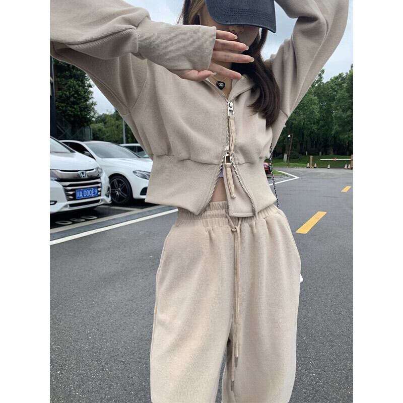 ダブルジッパーフードセーター ジャケット ハイウェストギャザーパンツ カジュアルオータム ロング 秋物 ガールズファッション54083666679