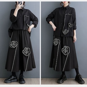 3D FLOWER MOTIF BLACK A-LINE LONG SKIRT 1color M-8660