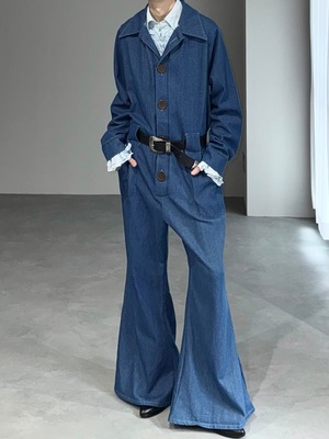 denim wide flare jumpsuit / blue