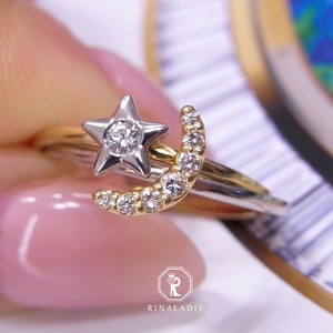 【オーダー可能】K18/Pt900天然ダイヤモンド重なり合うロマンティックスター&ムーンリング