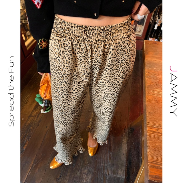 leopard print frill hem wide-leg pants J00062