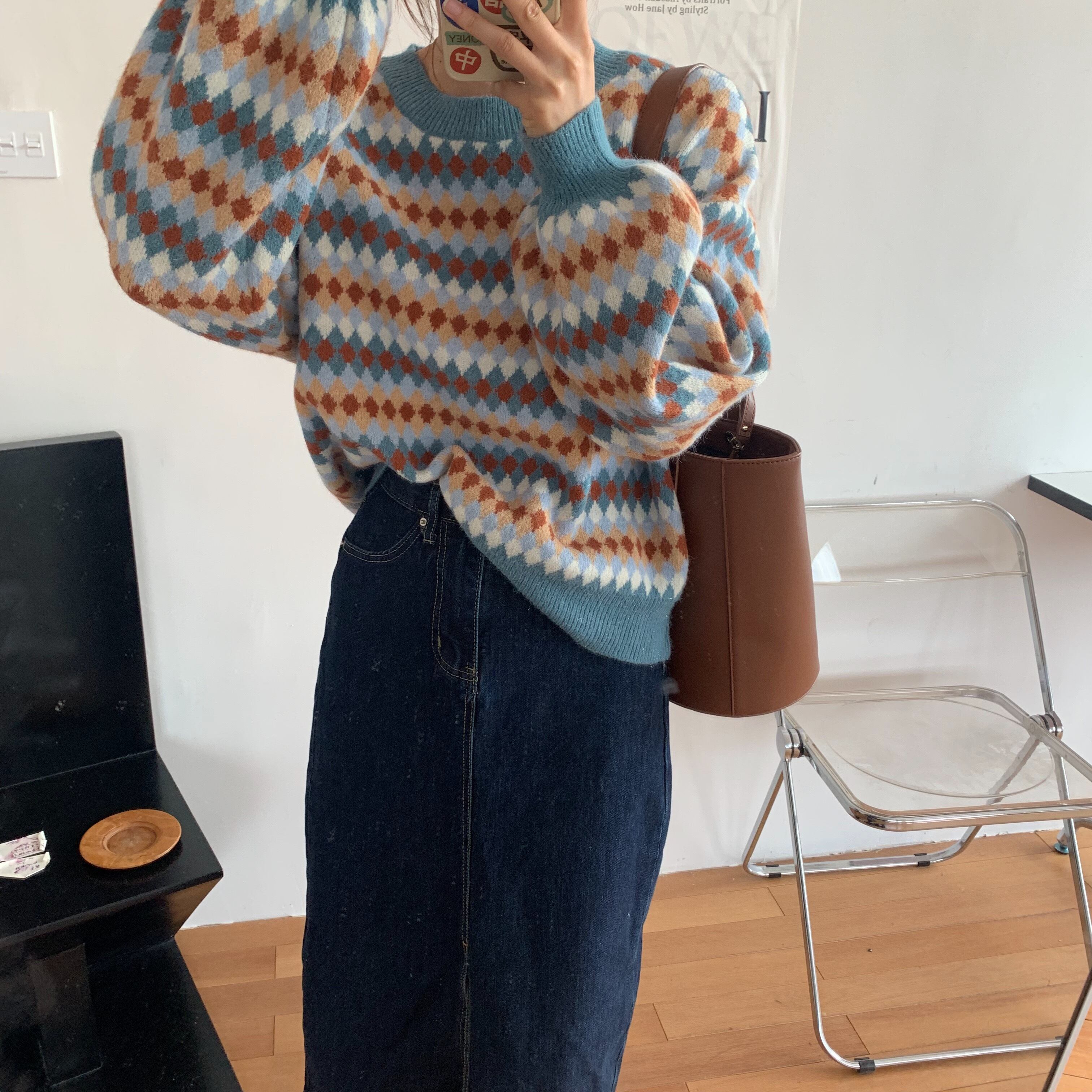 カラースタンダードセーター オータムルーズ薄手ラウンドネックスリーブ ランタンスリーブ レトロ 秋物 Oネック ビッグFスモールZ韓国59653325040