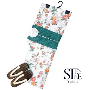 浴衣ジェンヌ 浴衣5点セット 白地にオレンジやピンク系の小花柄 綿 ゆかた 兵児帯 浴衣 白 レディース