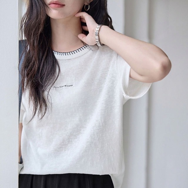 ロゴ刺繍 ステッチネック Tシャツ　S0290 　