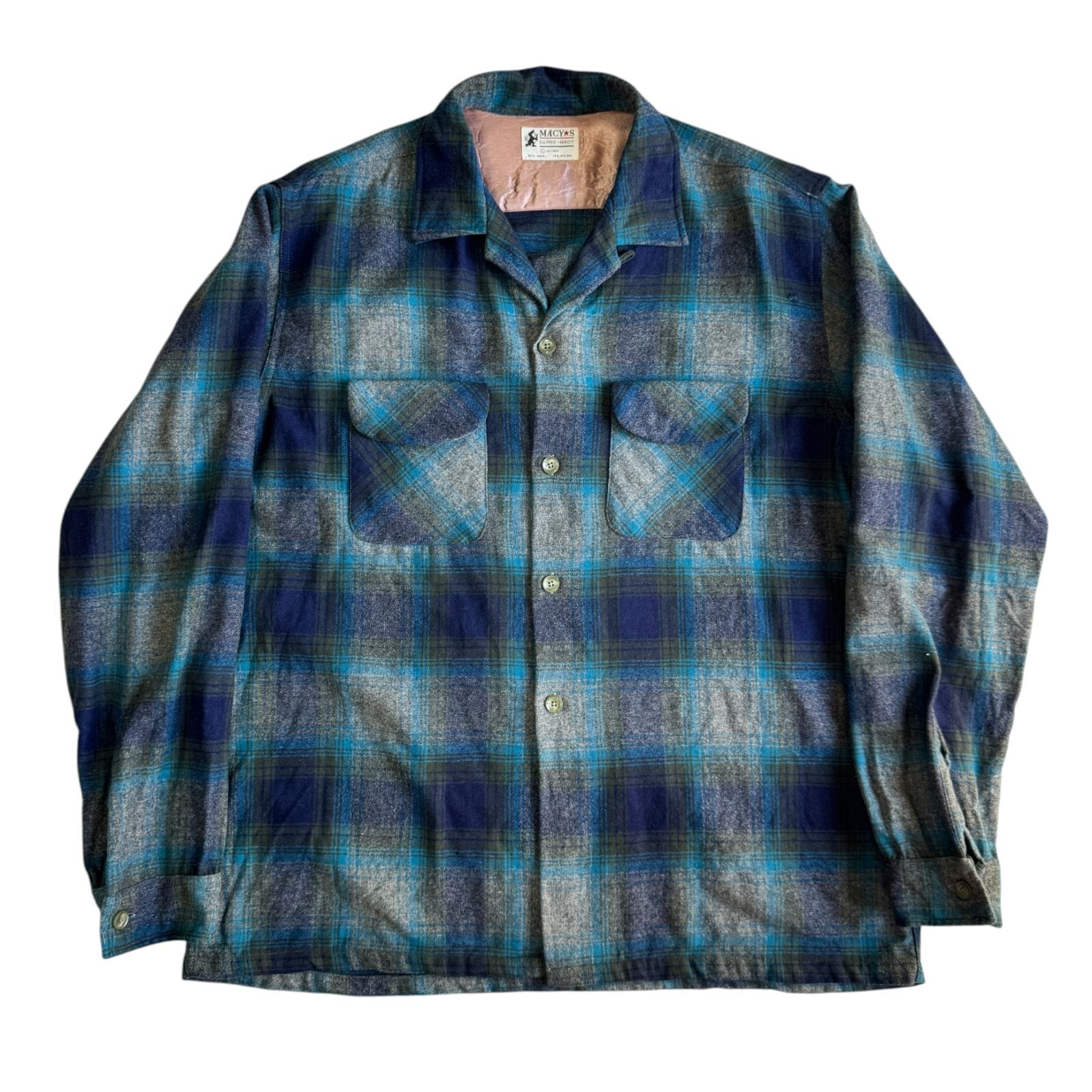 50s - 60s MACY'S Supre-Macy 開襟 ウールシャツ Lサイズ オンブレ